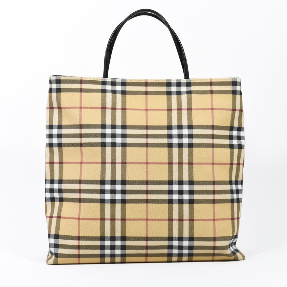Burberry Nova Check Coated Canvas Leather Tote Bag Plaid